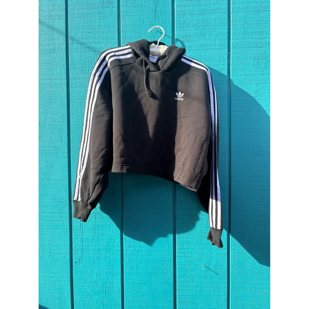 Adidas Originals Womens Cropped Hoodie Black 3-Stripes Trefoil Logo Small S